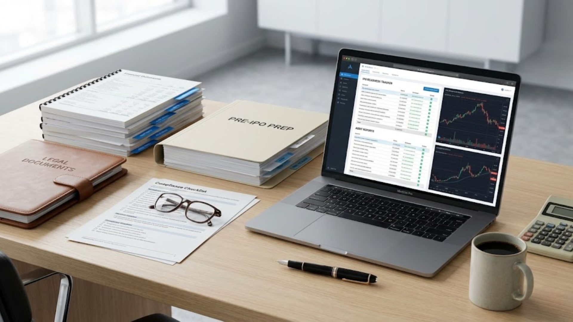 Organized desk with financial documents and laptop used for detailed Pre-IPO Preparation and compliance review.